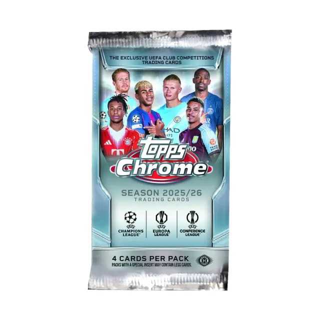 2025/26 Topps UEFA Club Competitions Chrome Soccer 4 Kort Hobby Pack