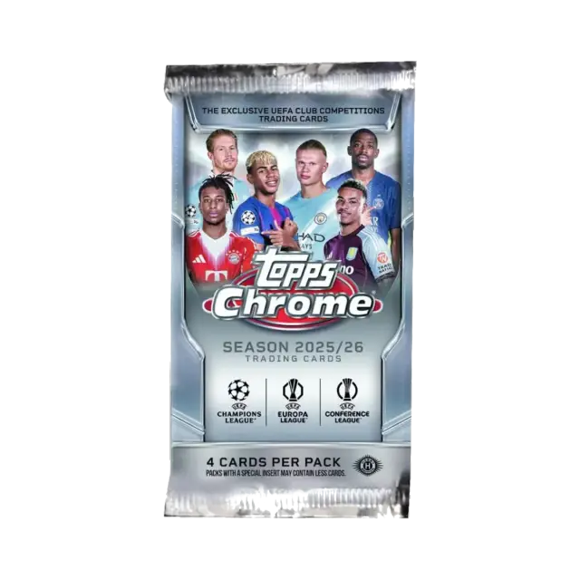 Topps 2025 2026 Chrome UEFA Club Competitions 4 Kort Eng Booster Pack